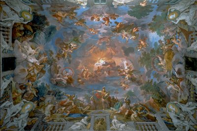Camilo quebrando o tratado com Brenno e as alegorias da glória, teto do hall de entrada, Galleria Borghese de Mariano Rossi